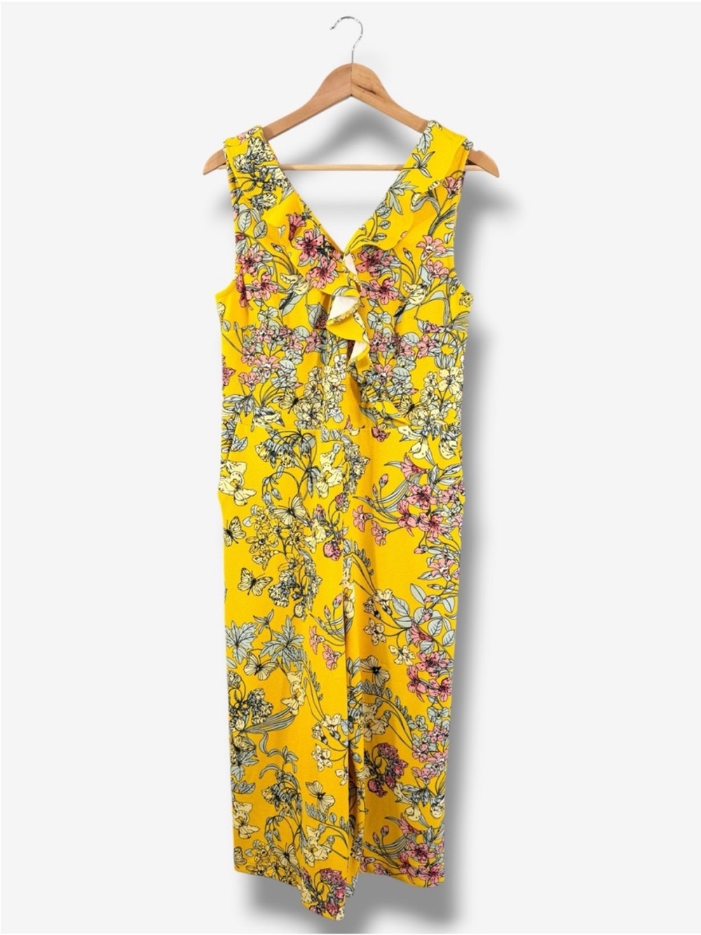 Spense Yellow Floral Cropped Wide Leg Jumpsuit Size 12 Ruffle V Neck Pockets